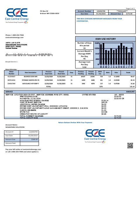 USA Minnesota East Central Energy business utility bill template in Word and PDF formats